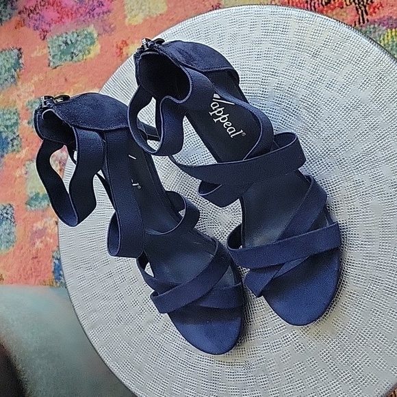 Navy blue suede strappy heels with zipper back, size 9 - Picture 3 of 14